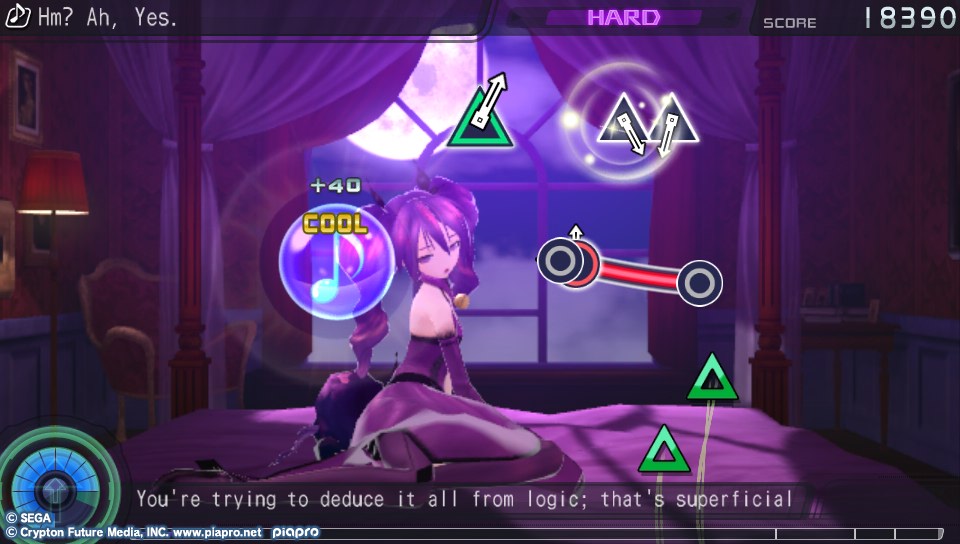 A screenshot of Project Diva f, with subtitles saying: “You’re trying to
   deduce it all from logic; thats superficial”