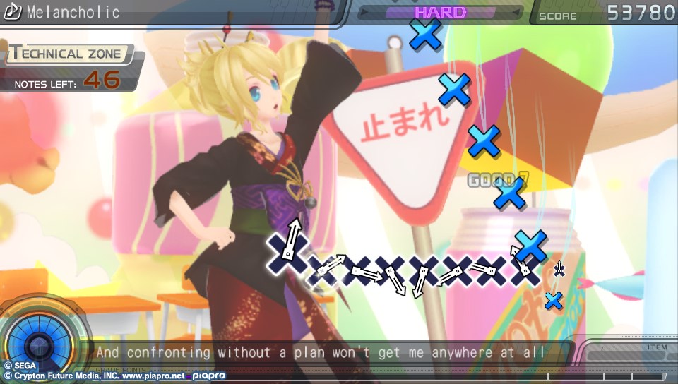 A screenshot of Project Diva f, with subtitles saying: “And confronting
   without a clear plan wont get me anywhere at all”